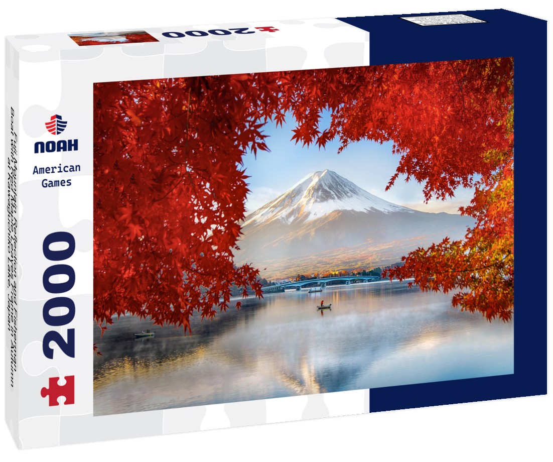 Noah Jigsaw Puzzle Fuji Mountain Reflection and Fisherman Boat with Red Maple Leaves Frame in Autumn at Kawaguchiko Lake, Japan 2000 pieces