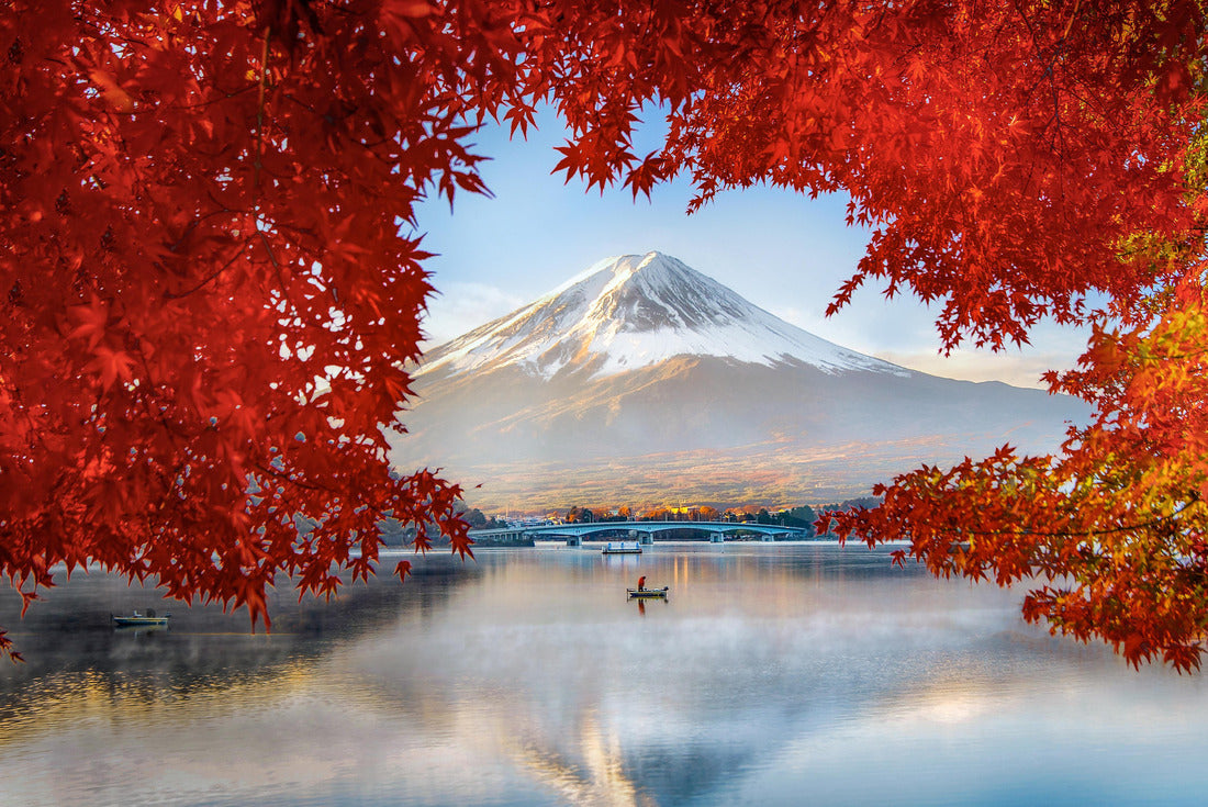 Fuji Mountain Reflection and Fisherman Boat with Red Maple Leaves Frame in Autumn at Kawaguchiko Lake, Japan 2000pc Puzzle