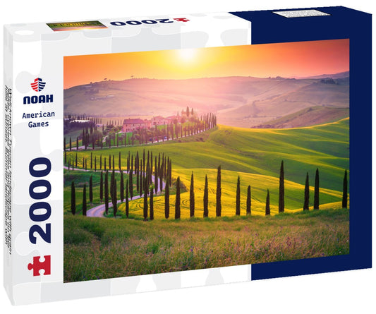 Noah Jigsaw Puzzle Well-known Tuscan landscape with grain fields, cypress trees and houses on the hills at sunset. Summer landscape with winding road in Tuscany, Italy 2000 pieces
