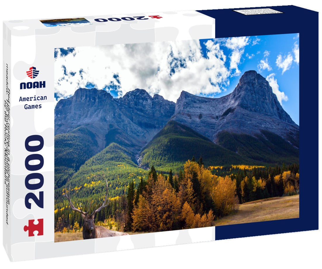 Red deer resting in a picturesque meadow. The town of Canmore is surrounded by the Rocky Mountains 2000pc Puzzle