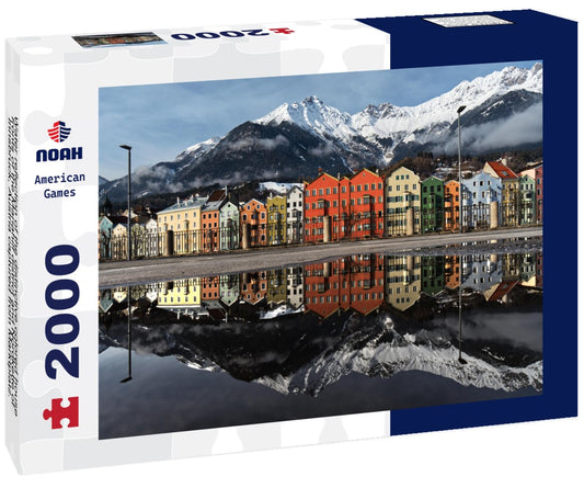 Noah Jigsaw Puzzle Water reflection of the distinctive colored house fronts of the Mariahilf district and Nordkette of Innsbruck, Austria captured from Marktplatz. This is the famous view of Innsbrucks cityscape 2000 pieces