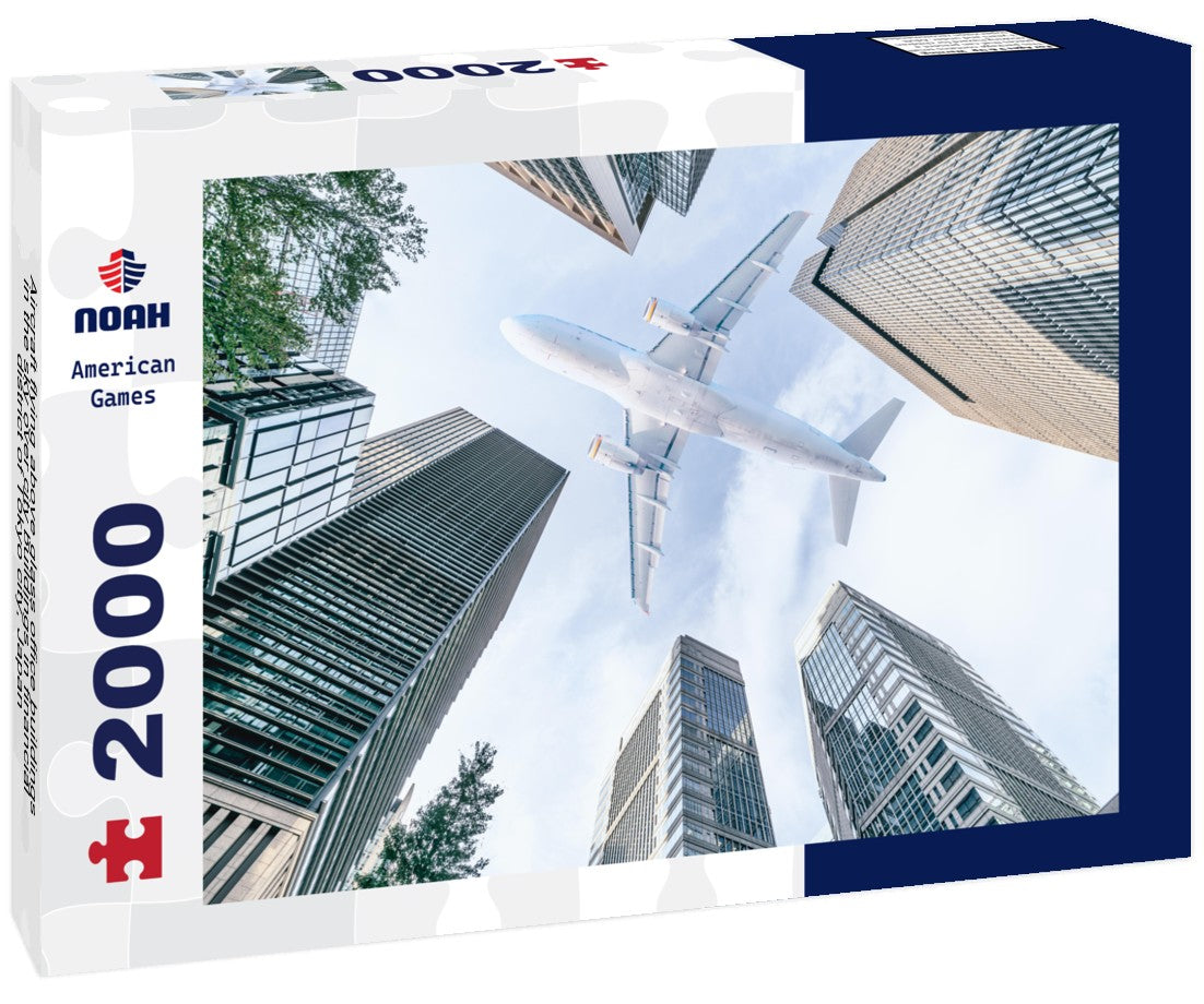 Aircraft flying above glass office buildings in the sky over city buildings in financial district of Tokyo city, Japan 2000pc Puzzle