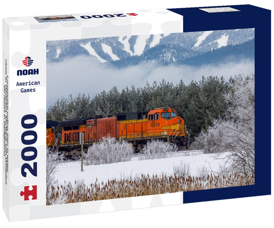 Locomotive pulling train in winter close to Whitefish, Montana with Whitefish ski resort in background 2000pc Puzzle