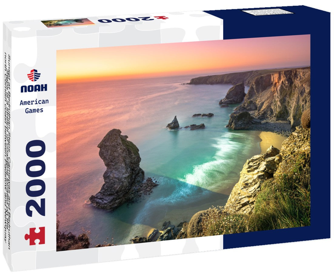 Sunset at Bedruthan Steps. Carnewas and Bedruthan Steps is a stretch of coastline located on the north Cornish coast between Padstow and Newquay, in Cornwall, England, United Kingdom 2000pc Puzzle