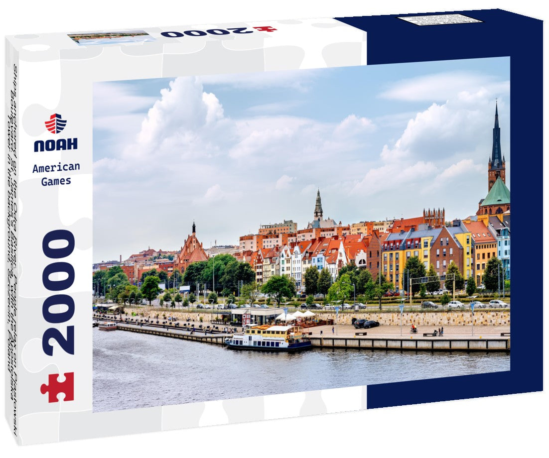 Ships anchored on the Odra River. People relax on Piastowski Boulevard. St. James's Basilica, with the Apostolska Tower in the background, Szczecin, Poland 2000pc Puzzle