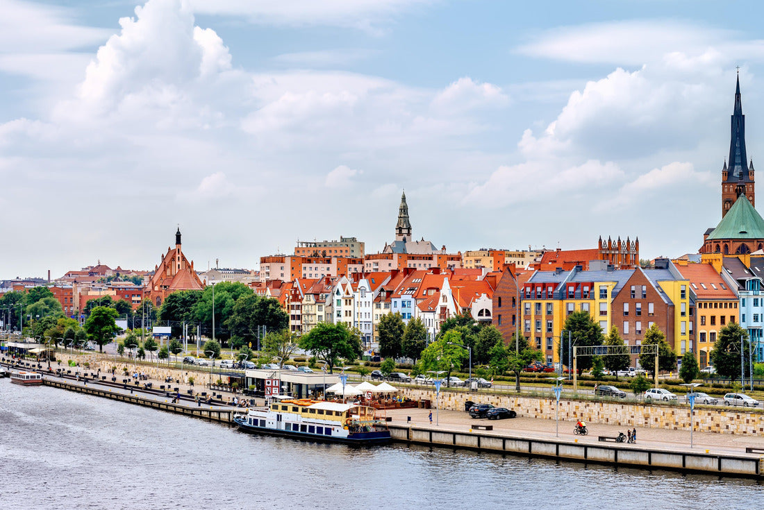 Ships anchored on the Odra River. People relax on Piastowski Boulevard. St. James's Basilica, with the Apostolska Tower in the background, Szczecin, Poland 2000pc Puzzle