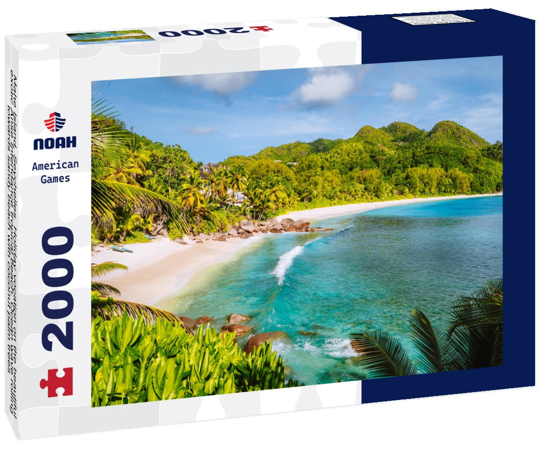 Mahe Island, Seychelles. Holiday vocation on the beautiful exotic Anse Intendance tropical beach. Ocean wave rolling towards sandy beach with coconut palm trees 2000pc Puzzle