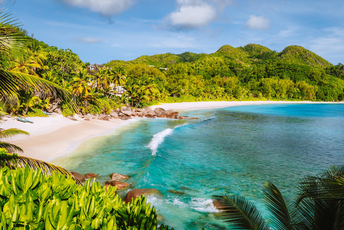 Mahe Island, Seychelles. Holiday vocation on the beautiful exotic Anse Intendance tropical beach. Ocean wave rolling towards sandy beach with coconut palm trees 2000pc Puzzle