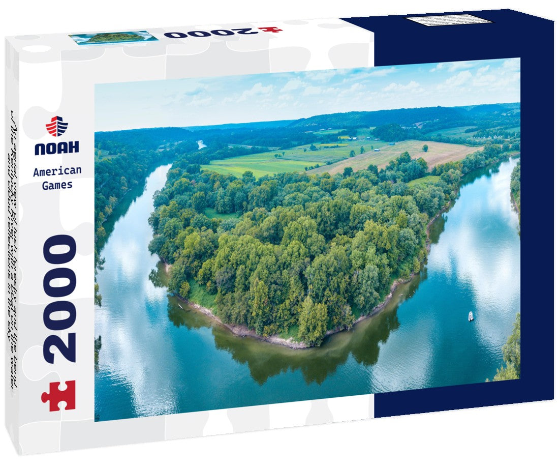 An aerial view of lush forestry and the bend of the Kentucky River with a boat on the water and cloud reflections in the sky 2000pc Puzzle