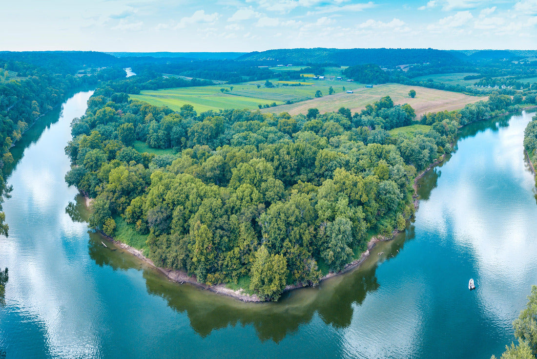 An aerial view of lush forestry and the bend of the Kentucky River with a boat on the water and cloud reflections in the sky 2000pc Puzzle