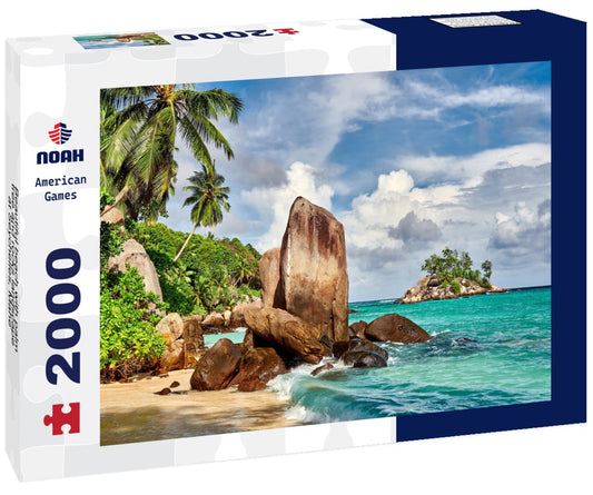Noah Jigsaw Puzzle Beautiful beach with palm tree and rocks landscape at Seychelles, Mahe 2000 pieces