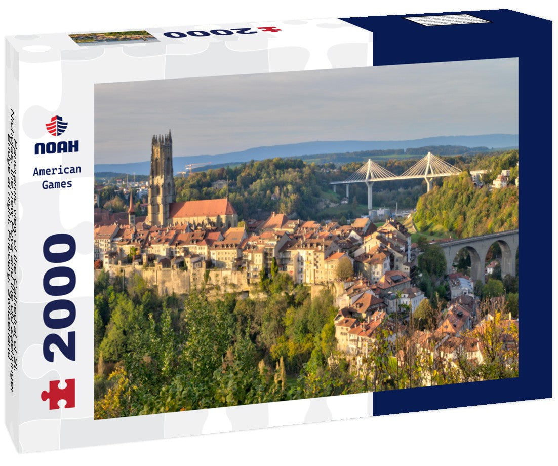 the Cathedral of St. Nicholas, the new Poya and the old Zaehringer Bridge at night, Fribourg, Switzerland 2000pc Puzzle