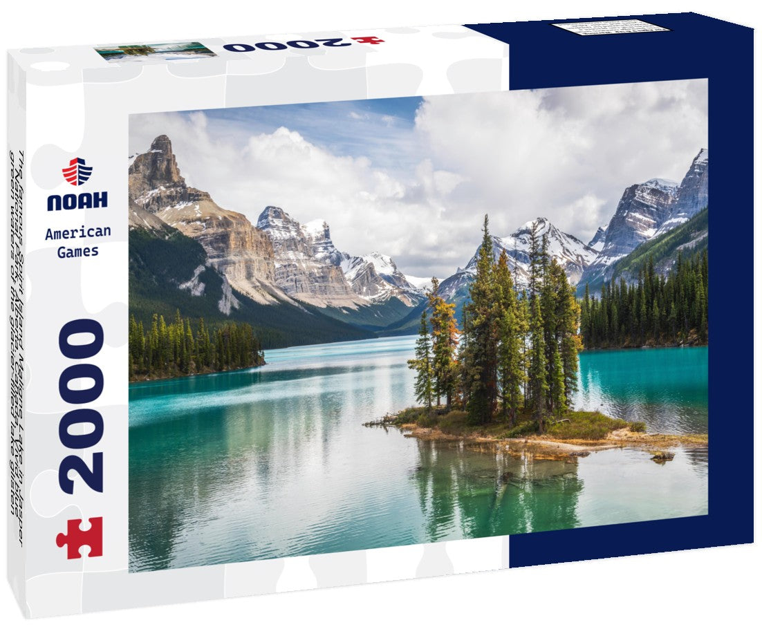 The famous Spirit Island Maligne Lake in Jasper National Park, Alberta, Canada. Vivid blue-green waters of the glacier-filled lake glisten in the sun around the famous pine gathering 2000pc Puzzle