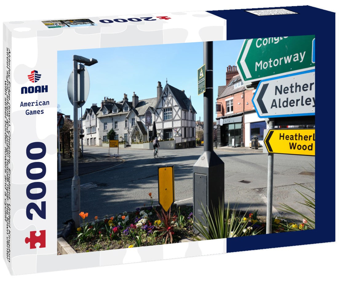Alderley Edge (town), Cheshire, England, United Kingdom, street signs, shops and public house near the town center, with street border flowers and a cyclist 2000pc Puzzle