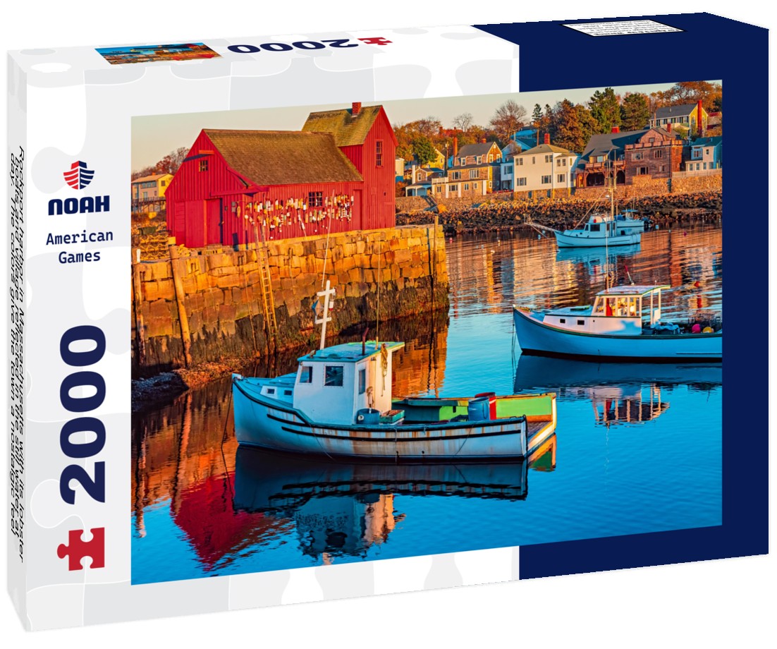 Rockport harbor in Massachusetts with its lobster boats and village reflected in the still water at day. The colors give the town a nostalgic feel 2000pc Puzzle