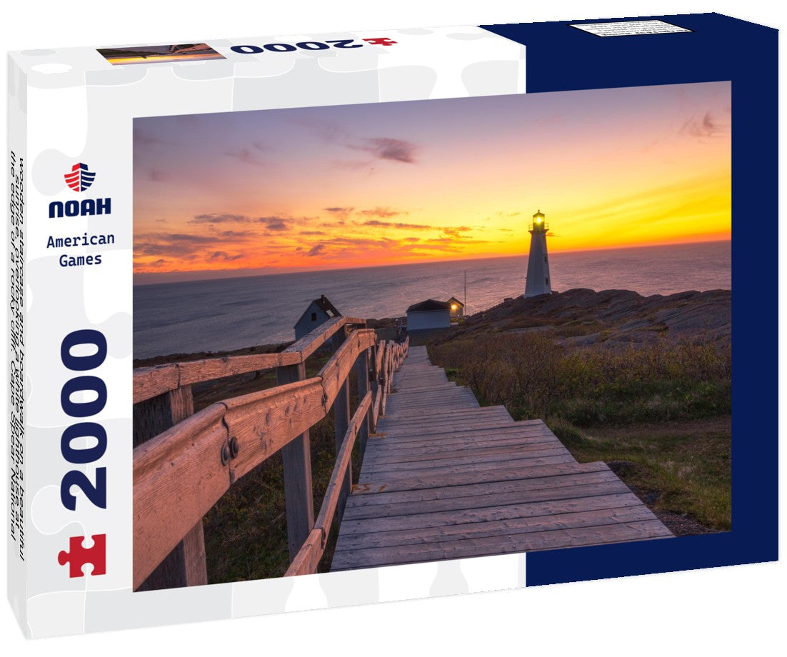 wooden staircase and boardwalk on a beautiful sunrise, overlooking a white lighthouse at the edge of a rocky cliff. Cape Spear National Historic Site, St Johns Newfundland 2000pc Puzzle