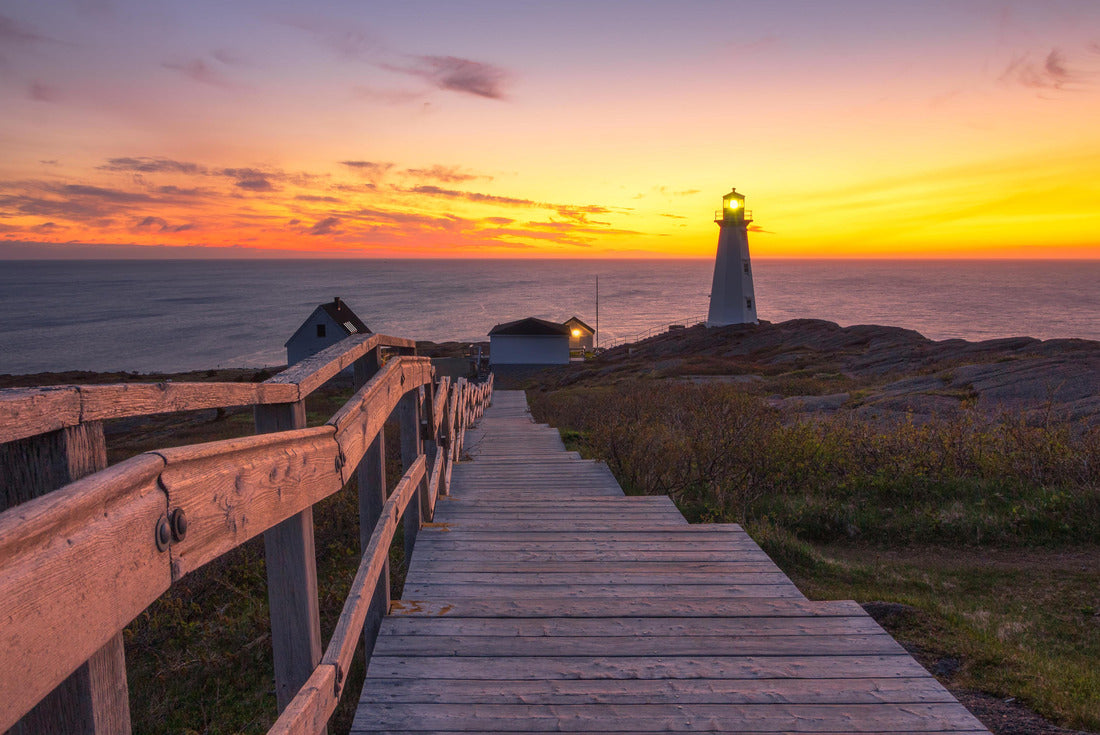 wooden staircase and boardwalk on a beautiful sunrise, overlooking a white lighthouse at the edge of a rocky cliff. Cape Spear National Historic Site, St Johns Newfundland 2000pc Puzzle
