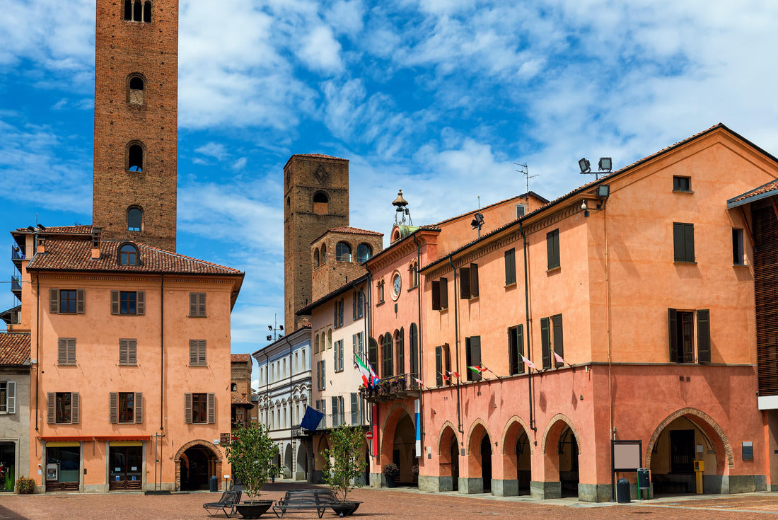 the old town square with cobblestones and medieval towers under a beautiful sky in Alba, Piedmont, northern Italy 2000pc Puzzle