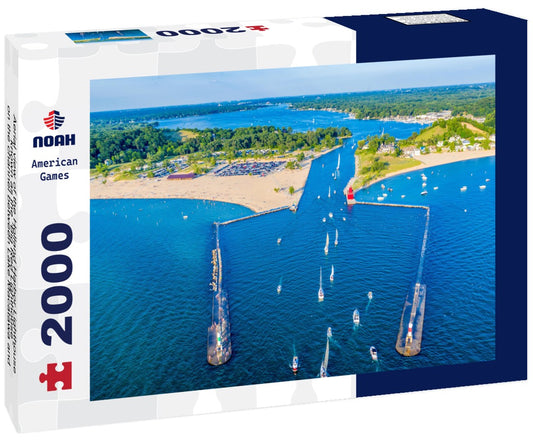 Noah Jigsaw Puzzle Aerial view of the Holland Harbor Lighthouse, known as the “Big Red Lighthouse”, on the channel between Lake Macatawa and Lake Michigan; Holland State Park, Michigan 2000 pieces