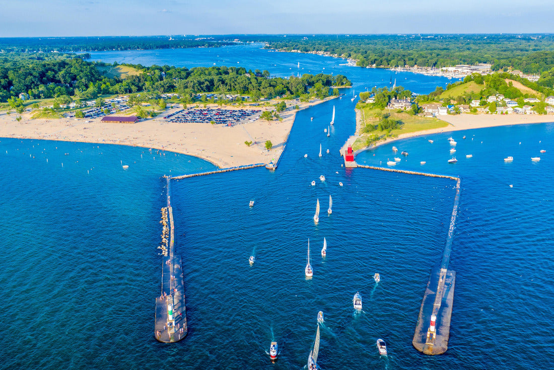 Aerial view of the Holland Harbor Lighthouse, known as the “Big Red Lighthouse”, on the channel between Lake Macatawa and Lake Michigan; Holland State Park, Michigan 2000pc Puzzle
