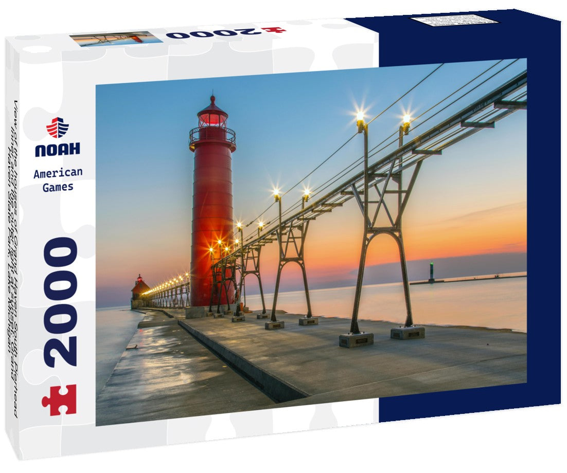 the houses of Grand Haven South Pierhead Inner and the outer light at sunset; Grand Haven State Park, Lake Michigan 2000pc Puzzle