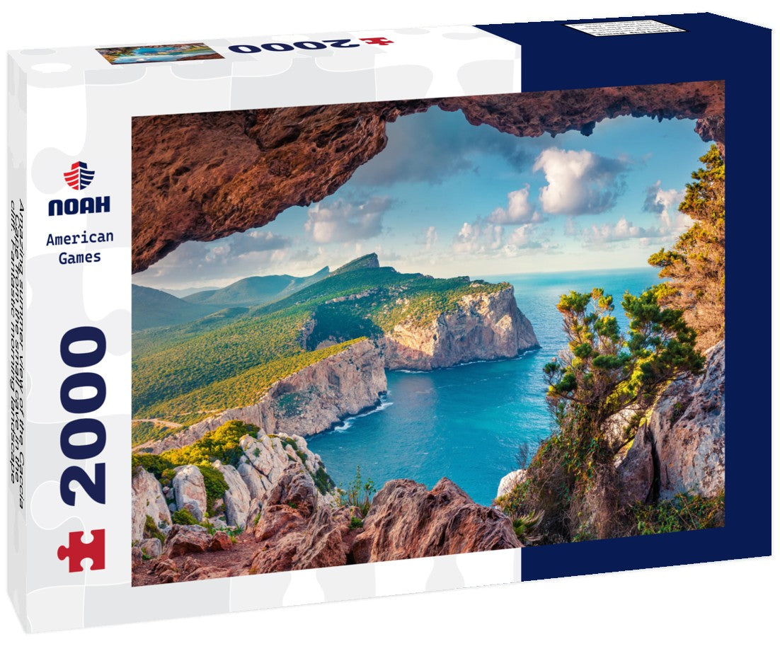 Amazing summer view of the Caccia Cape from the small cave in the cliff. Fantastic morning landscape of Sardinia, Italy 2000pc Puzzle