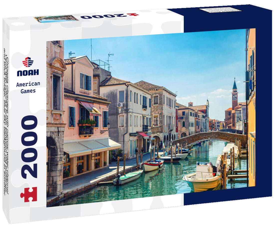 Chioggia cityscape with narrow water channel Vena with colorful boats between old buildings and brick bridge, blue sky background in summer, Veneto region, northern Italy 2000pc Puzzle