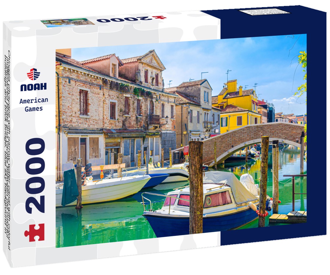 Chioggia cityscape with narrow water canal with colorful multicolored boats and yachts between old colorful buildings and brick bridge, blue sky background in summer, Veneto region, northern Italy 2000pc Puzzle
