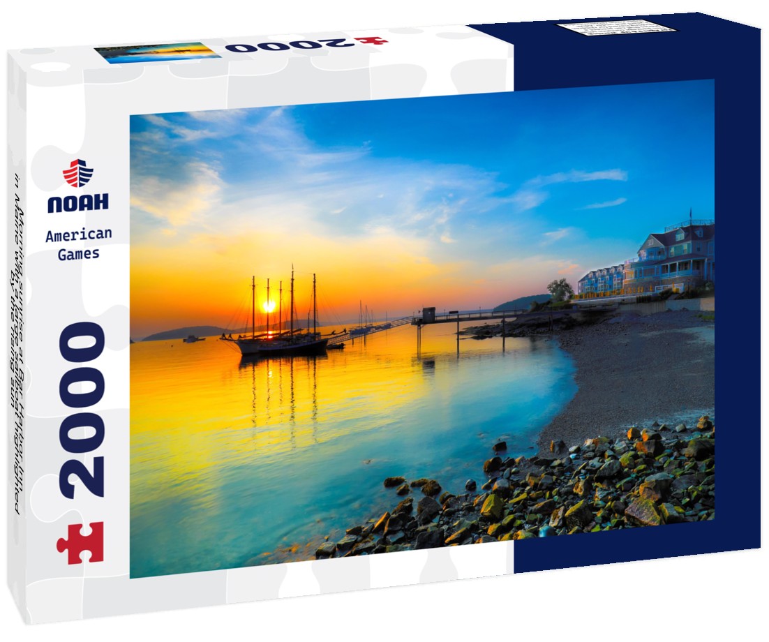 Morning sunrise at Bar Harbor Inn in Maine with a large sailboat highlighted by the rising sun 2000pc Puzzle