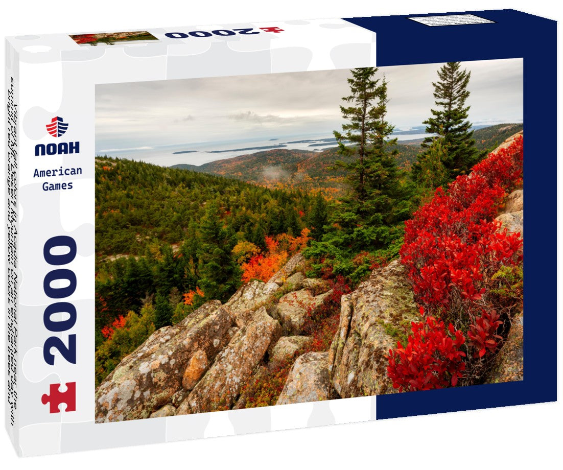 Vibrant fall colors in Acadia National Park near the summit of Mt. Desert Mountain on an enchanted day with bright red orange and yellow colors in the trees and strong foreground interest of three trees 2000pc Puzzle