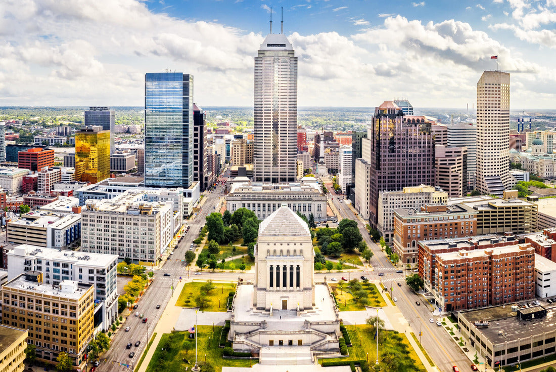 Aerial view of Indianapolis, Indiana skyline above the Indiana War Memorial and University Park and along Meridian and Pennsylvania streets. 2000pc Puzzle