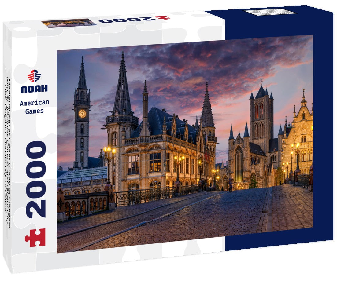 Medieval city of Ghent (Gent) in Flanders with St. Nicholas Church and Ghent City Hall, Belgium. Sunset city of Ghent 2000pc Puzzle