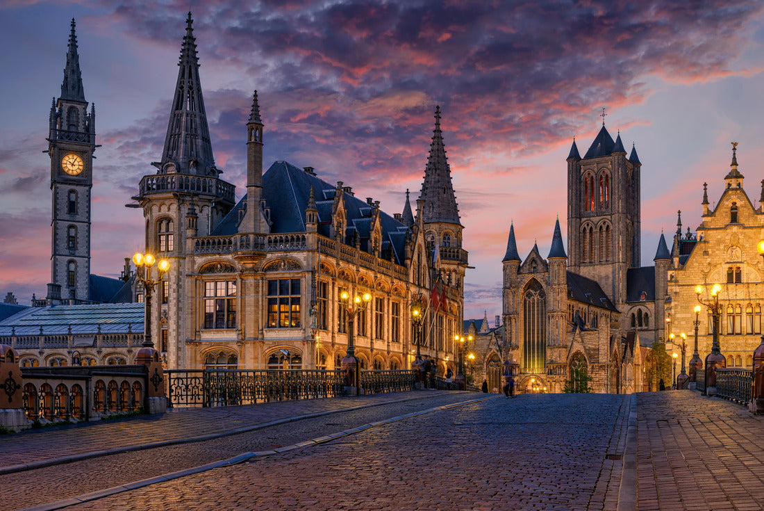 Medieval city of Ghent (Gent) in Flanders with St. Nicholas Church and Ghent City Hall, Belgium. Sunset city of Ghent 2000pc Puzzle