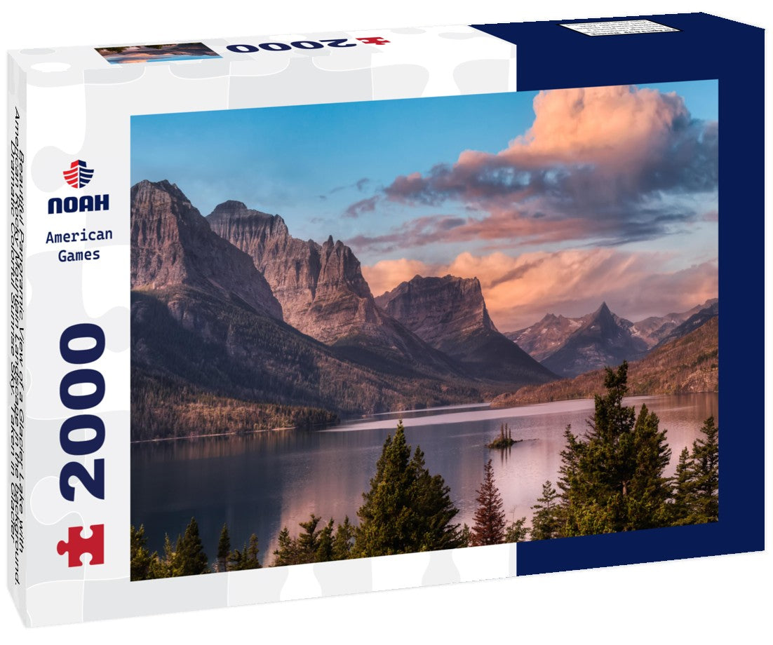 Noah Jigsaw Puzzle Beautiful Panoramic View of a Glacier Lake with American Rocky Mountain Landscape in the background. Dramatic Colorful Sunrise Sky. Taken in Glacier National Park, Montana, United States 2000 pieces