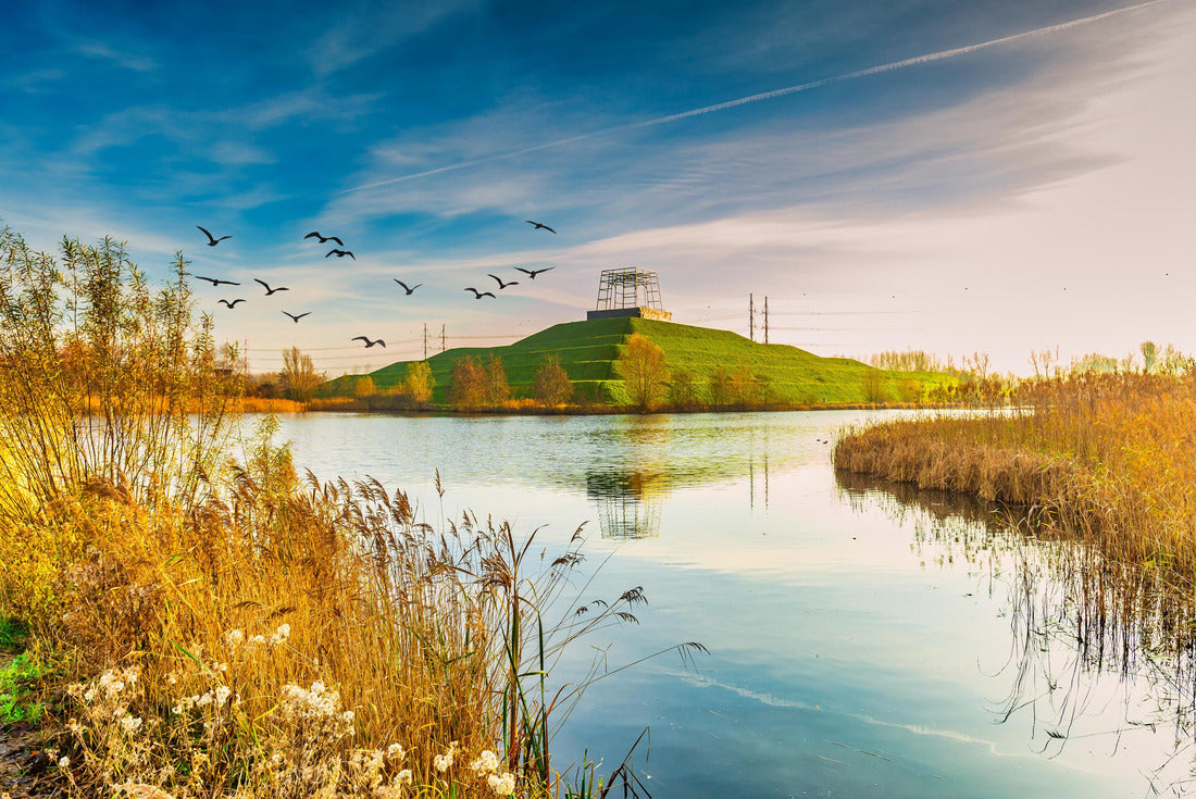 Landscape recreation area de Groene Weelde with view over water to pyramidal hill Big Spotters Hill between Hoofddorp and Vijfhuizen on dark sky and low sun 2000pc Puzzle