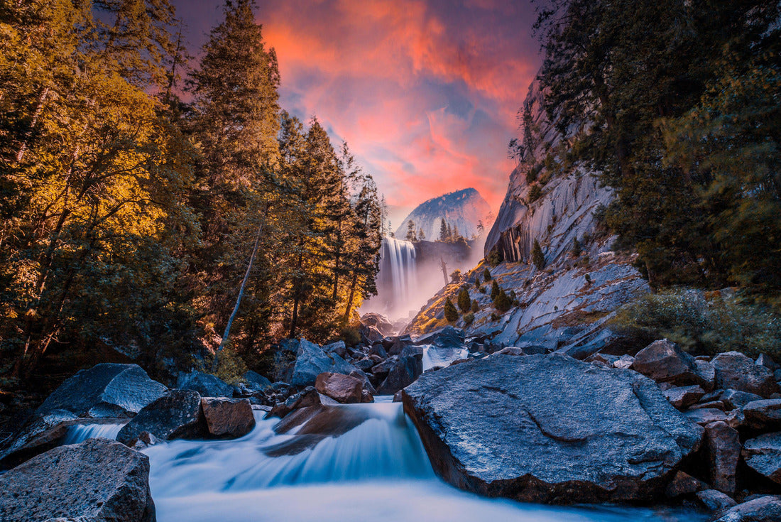 Noah Jigsaw Puzzle Sunset at Vernal Falls in Yosemite National Park in the water next to the stones 2000 pieces