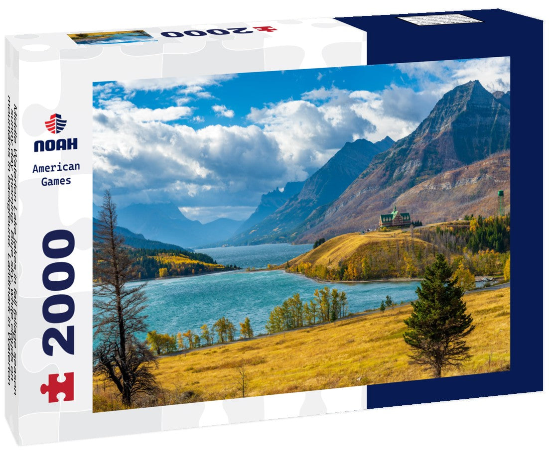 Middle Waterton Lake lakes in fall foliage season sunny day morning. Blue sky, white clouds on mountains in background. Landmark in Waterton Lakes National Park, Alberta, Canada 2000pc Puzzle