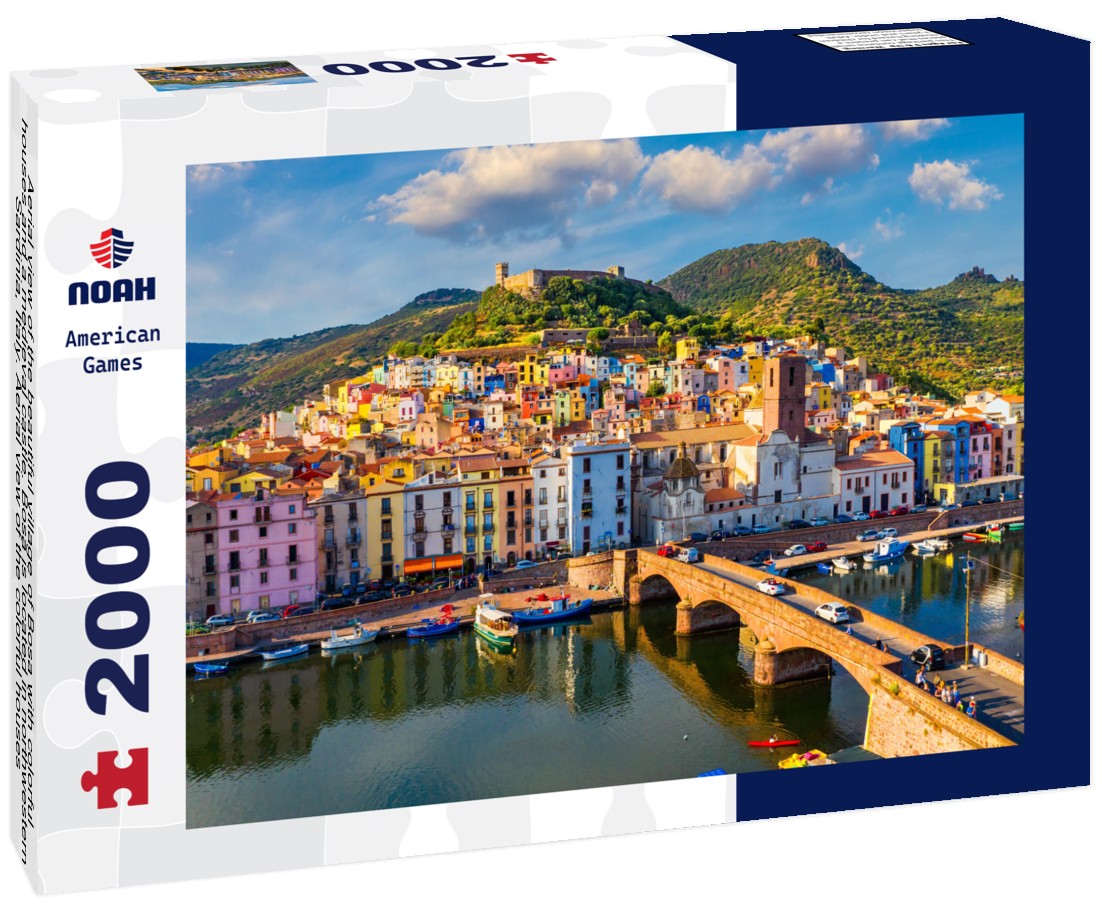 Aerial view of the beautiful village of Bosa with colorful houses and a medieval castle. Bosa is located in northwestern Sardinia, Italy. Aerial view of the colorful houses in Bosa village, Sardegna 2000pc Puzzle