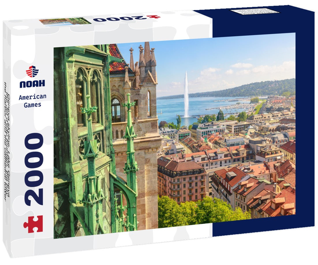 Geneva skyline, Lake Geneva, the Jet d'eau fountain, the bay, the harbor and the cathedral tower 2000pc Puzzle