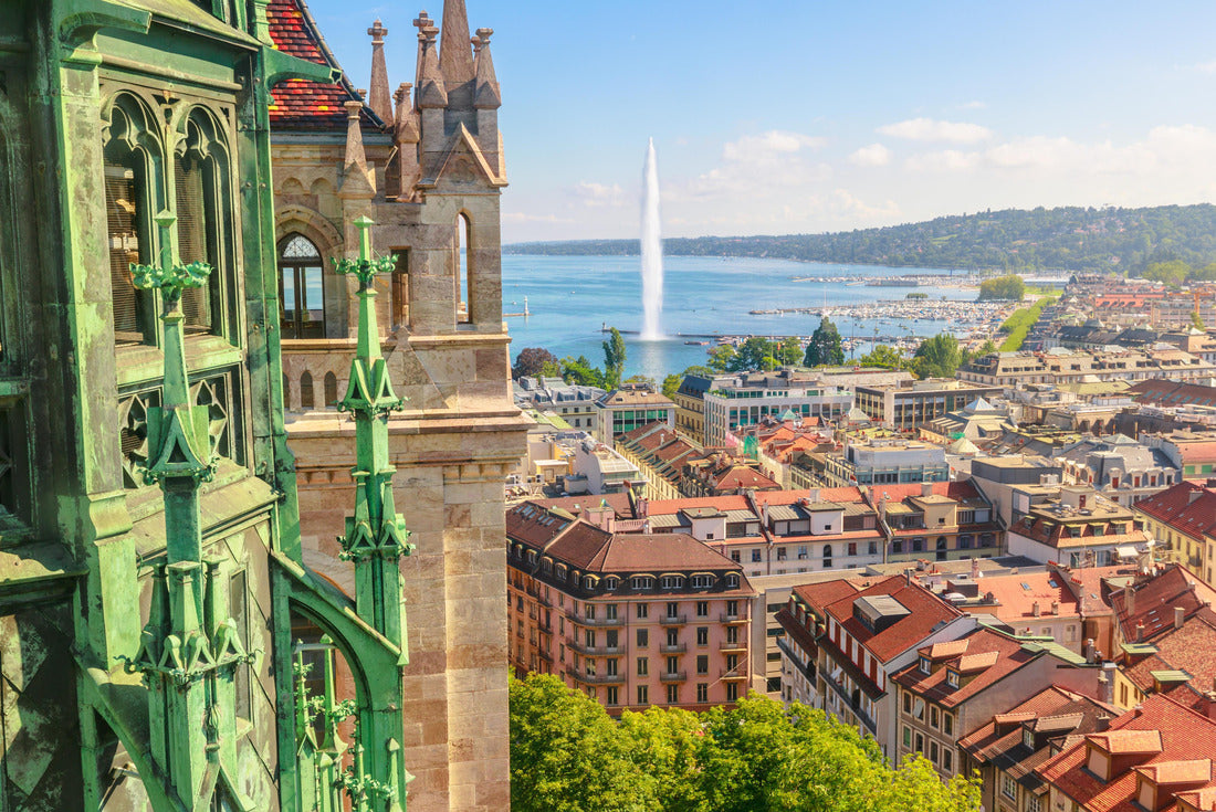 Geneva skyline, Lake Geneva, the Jet d'eau fountain, the bay, the harbor and the cathedral tower 2000pc Puzzle