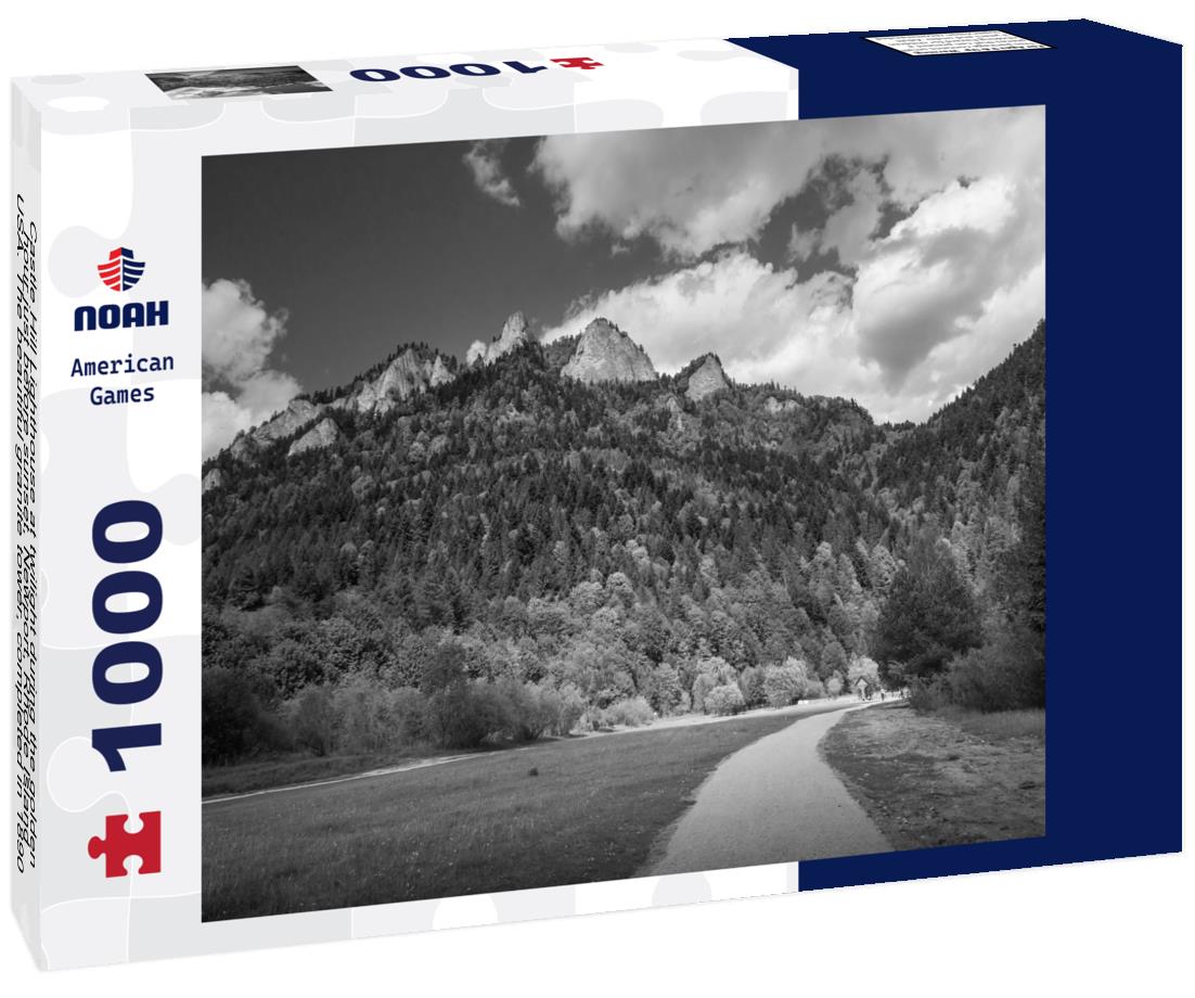 Noah Jigsaw Puzzle Castle Hill Lighthouse at twilight during the golden hour just before sunset, Newport, Rhode Island, USA. The beautiful granite tower, completed in 1890, is built right into the cliff in black white 1000 pieces