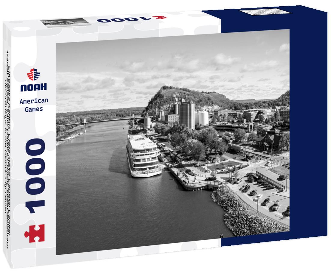 Noah Jigsaw Puzzle Cityscape Kortrijk, Grote Markt Courtrai Central Market Square, Saint Martin's Church, street restaurant, old buildings in the historic city center, old town Kortrijk, West Flanders Province, Belgium in black white 1000 pieces