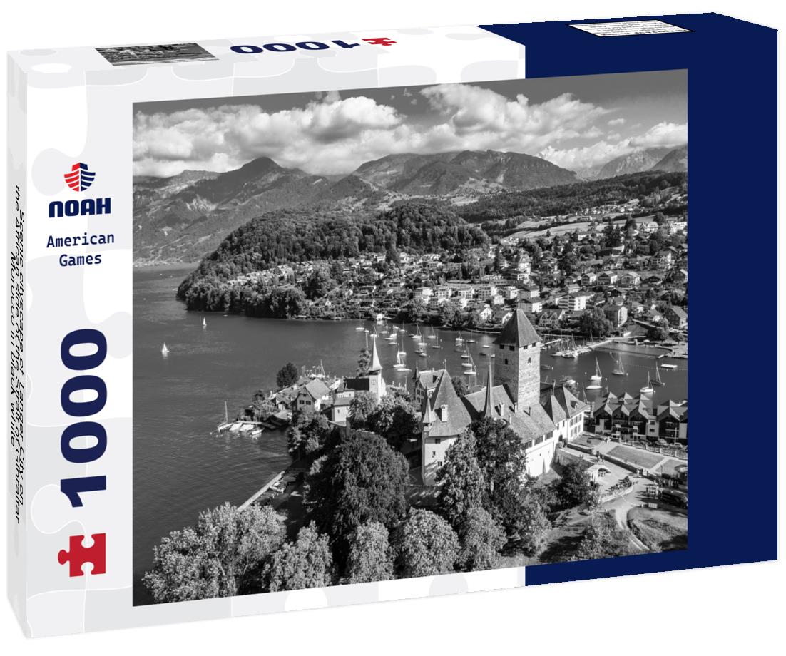 Noah Jigsaw Puzzle Scenic cityscape of Tanger City on the African side of the Strait of Gibraltar, Morocco in black white 1000 pieces