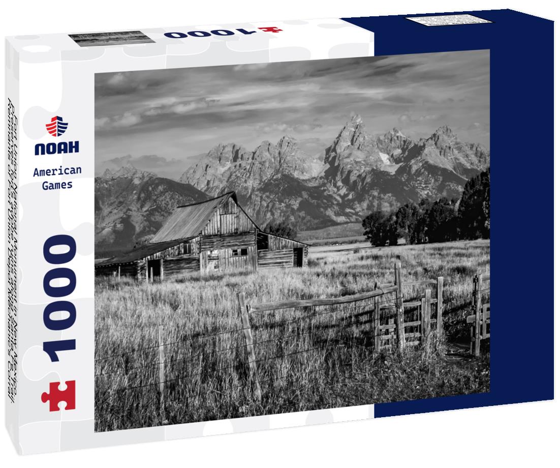 Noah Jigsaw Puzzle Fort Union National Monument in New Mexico. Preserves fort's adobe ruins along Santa Fe Trail. Remnants of Fort Union Depot Mechanic's Corral with wagons and wagon wheels in black white 1000 pieces