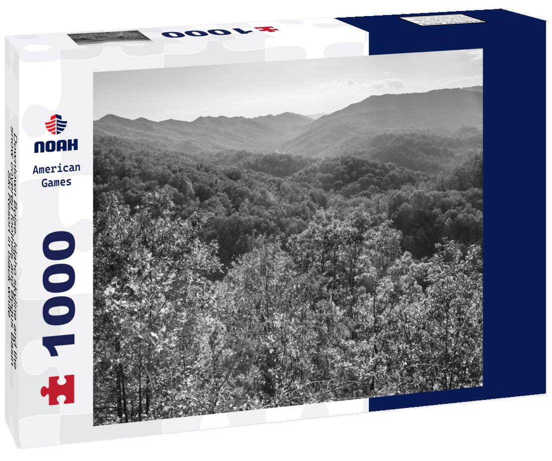 Noah Jigsaw Puzzle Downtown Boise, Idaho skyline and the snow covered foothills and Bogus Basin Ski Resort in black white 1000 pieces