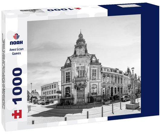 Noah Jigsaw Puzzle street in the historic town of Martinsburg, West Virginia. Ancient architecture of small multi-colored buildings in the colonial style in black white 1000 pieces