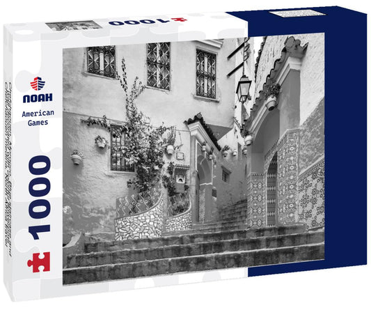 Noah Jigsaw Puzzle Chefchaouen, Morocco. Blue staircase and wall decorated with colorful flowerpots, Chefchaouen medina, North Africa travel destination in black white 1000 pieces