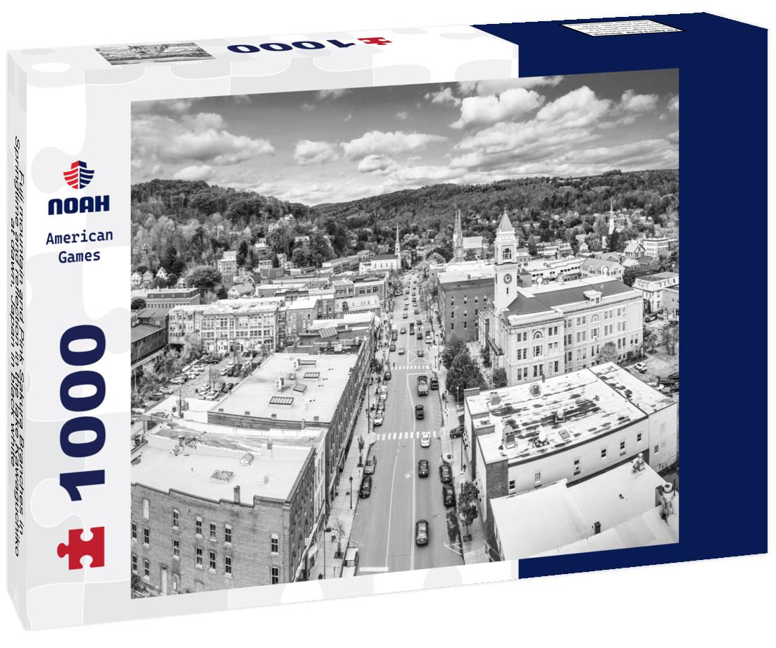 Noah Jigsaw Puzzle Fuji mountain and Pink Sakura Branches in Springtime and reflection in the lake Kawaguchiko at dawn, Japan in black white 1000 pieces