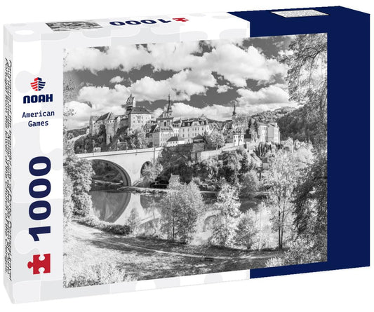 Noah Jigsaw Puzzle Panorama of the beautiful city of Porto, Portugal travel and monuments. Aerial view of the old town of Porto, Portugal from the tower of the Church of the Clerigos. Beside the Douro river in black white 1000 pieces