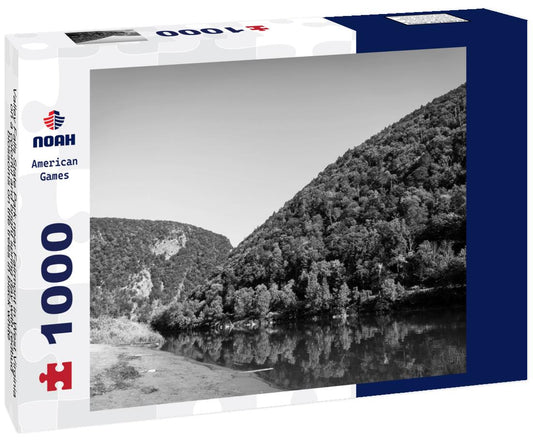 Noah Jigsaw Puzzle Valley Falls State Park near Fairmont in West Virginia on a colorful and bright spring day with redbud blossoms on the trees in black white 1000 pieces